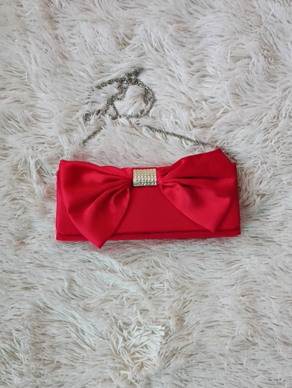 Red Satin Bow Evening Clutch with Chain Strap
